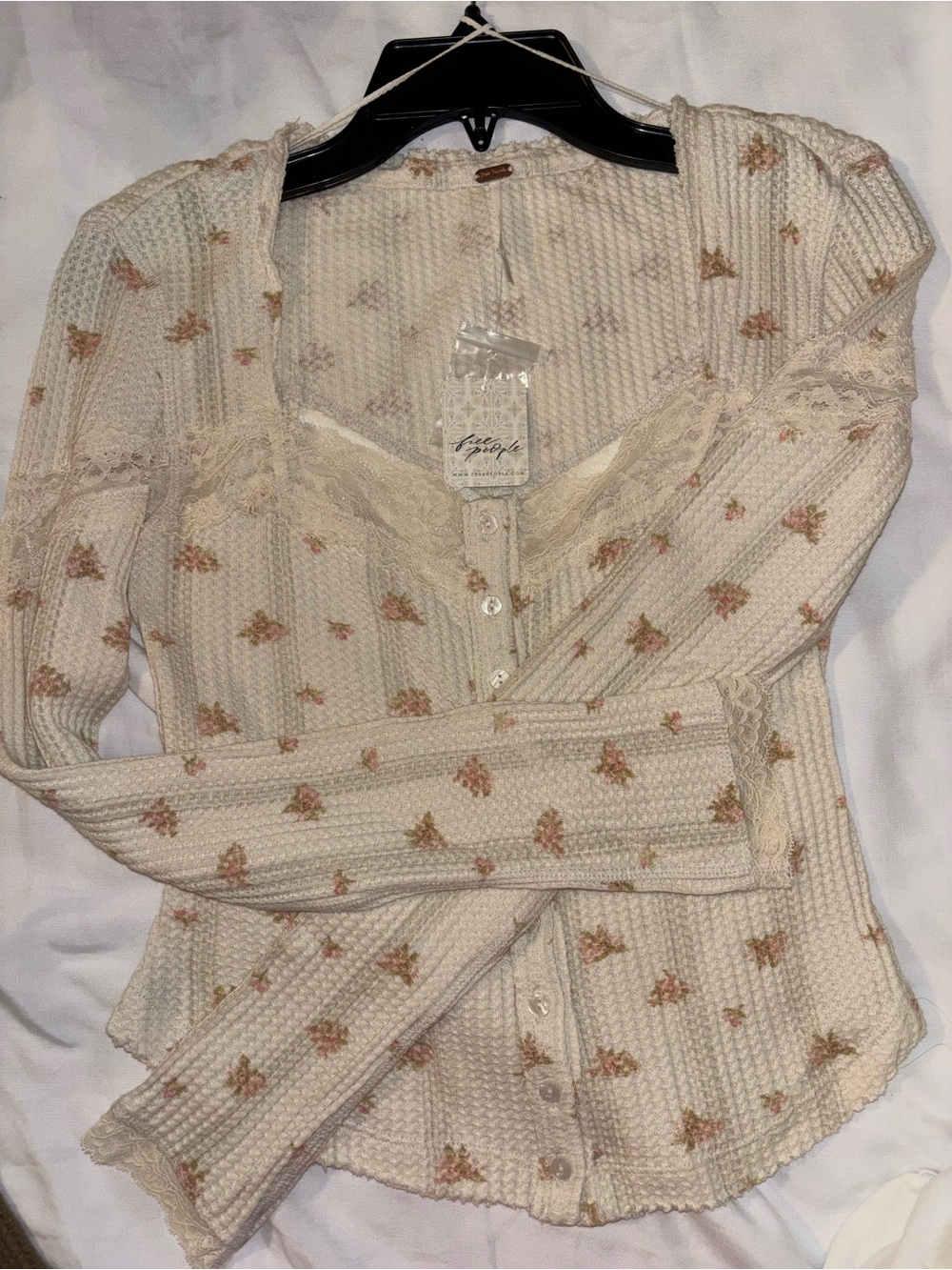 Free People Cream Floral Lace-Trim Thermal Henley